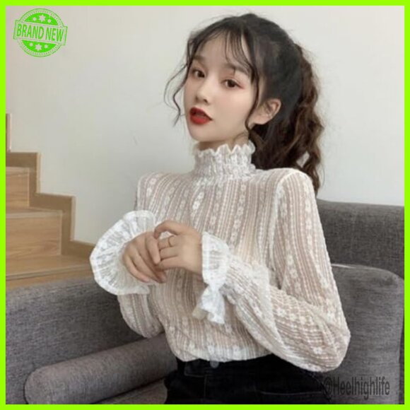 Sheer Lace Blouse Long Sleeve Mock Neck Floral Top Layering - Picture 4 of 7